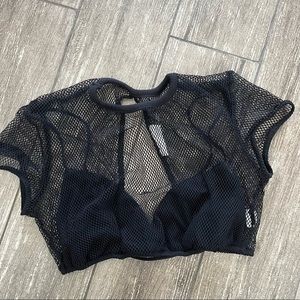 Mustard Seed Black Mesh Crop Top Built in Bralette Open Back